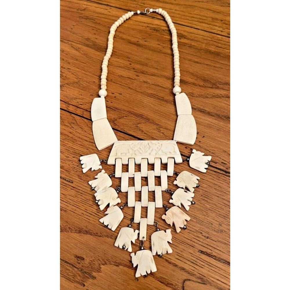Vintage Bone Necklace 21" Statement Bib Elephant Design 5" Drop - Picture 2 of 7